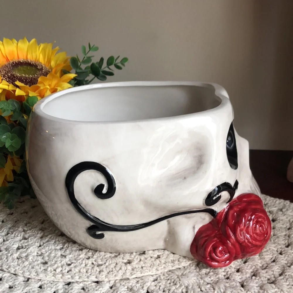 Gothic Ceramic Skull with Red Rose Accent - Halloween Decor